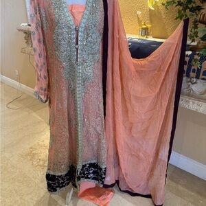 Elegant Peach and Silver Embroidered Dress